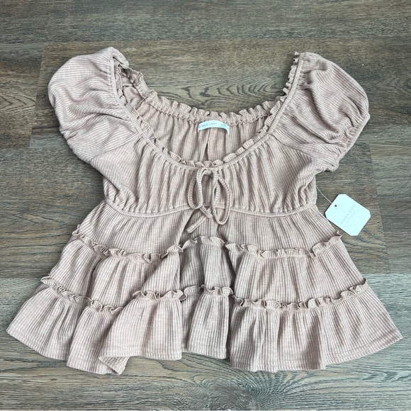 NWT Altar’d State Mauve Pink Rose Ribbed Ruffle Blouse Medium Romantic Top - Picture 2 of 7